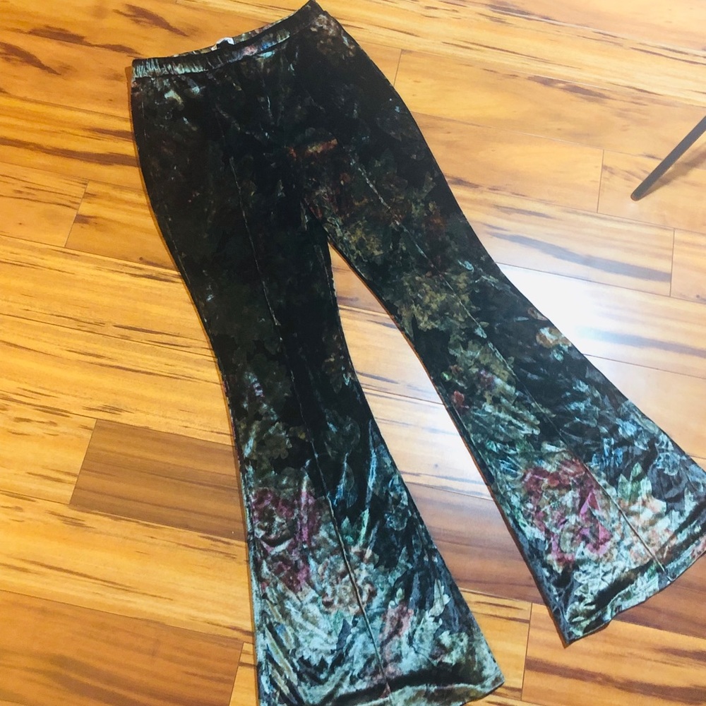SUEDE BELL BOTTOM FLORAL PANTS